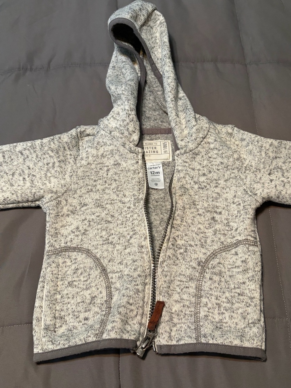 Carter's Marled Light Gray Hooded Zip Sweater